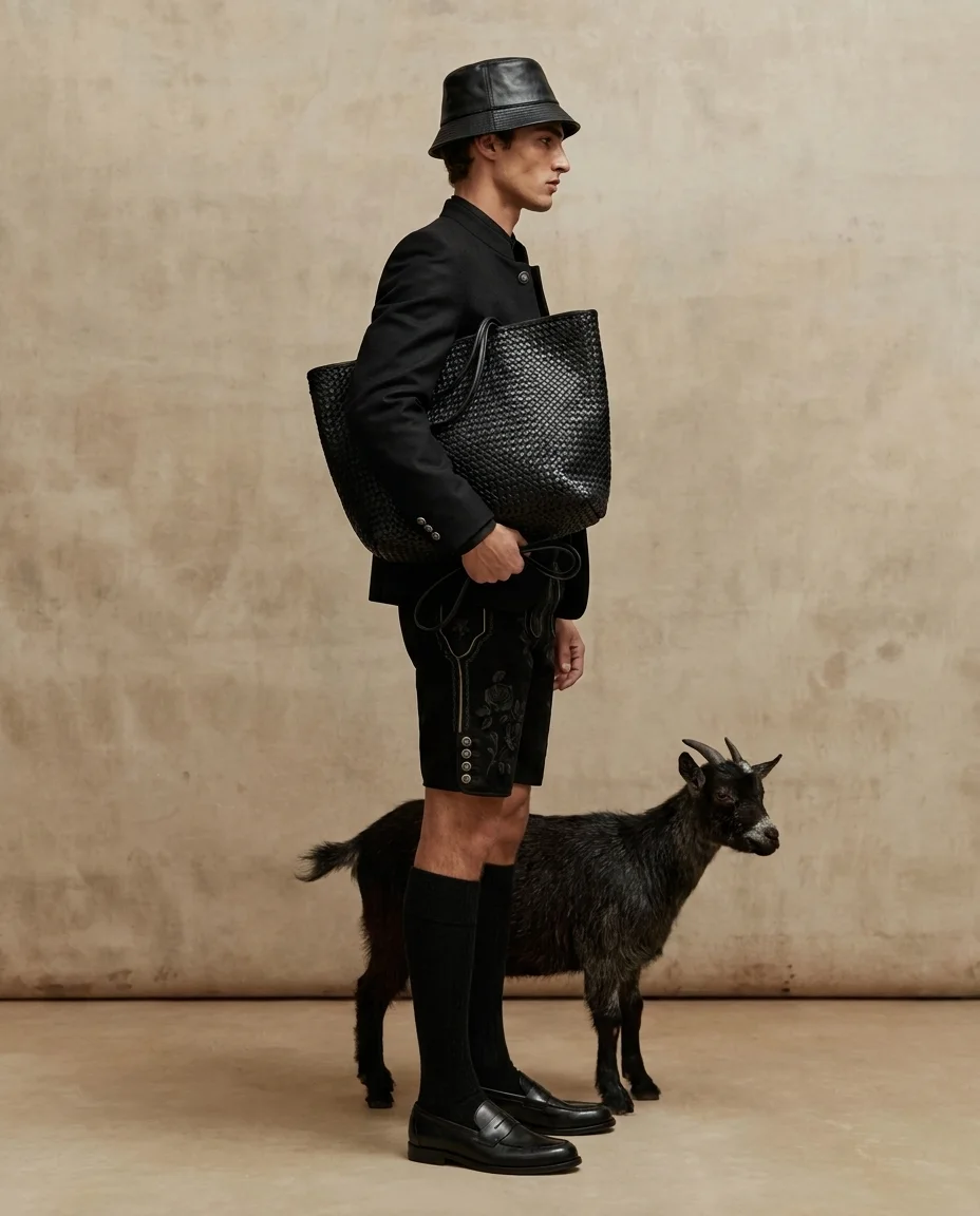 Look I: black Janker, embroidered Lederhose, woven tote and a black goat