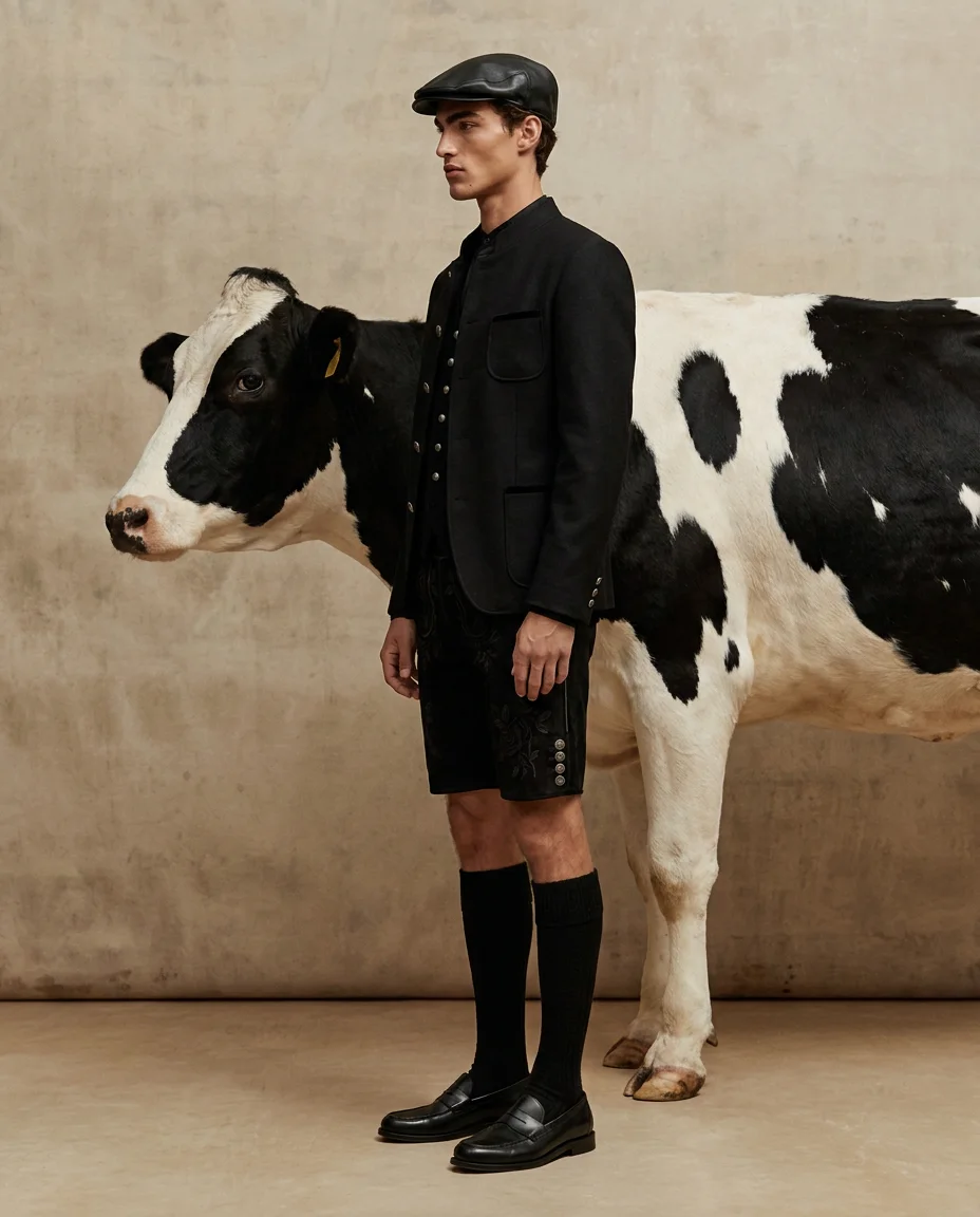 Look III: black Janker, flat cap and a Holstein cow