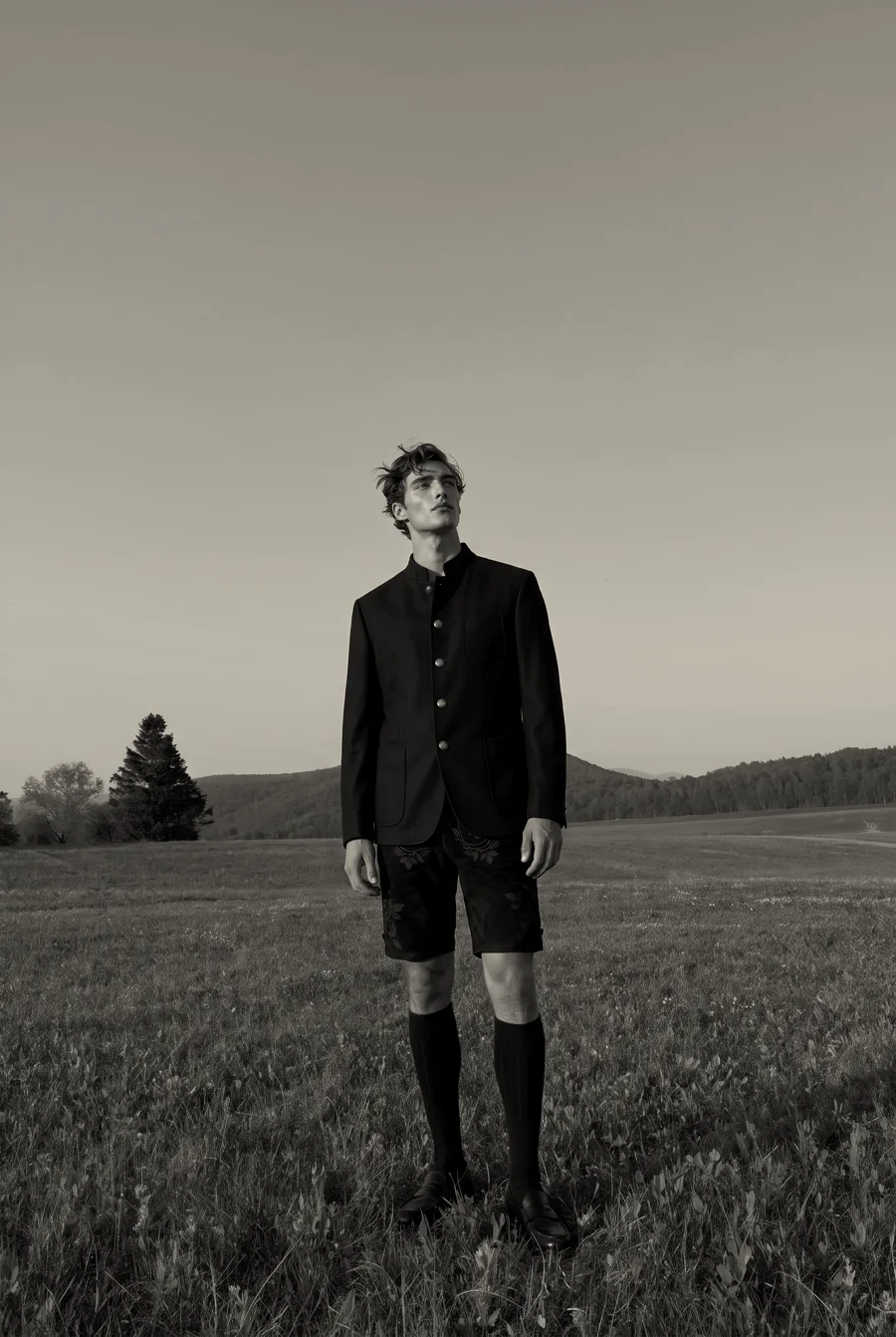 A man in a black Fratz Janker and embroidered Lederhose standing in a meadow at sunset
